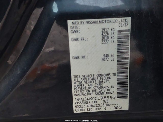 Aukcja sprzedaży 2018 Nissan Altima 2.5 Sv, vin: 1N4AL3AP0JC198593, numer aukcji: 43640999