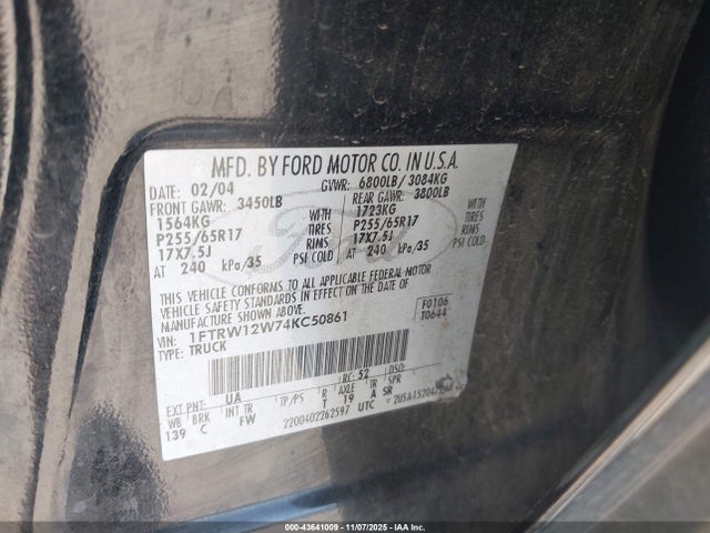 2004 Ford F-150 Xlt მანქანა იყიდება აუქციონზე, vin: 1FTRW12W74KC50861, აუქციონის ნომერი: 43641009