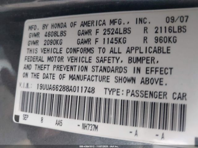 2008 ACURA TL 19UUA66288A011748 Photo 8