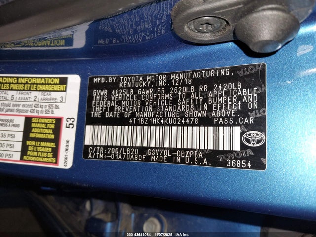 2019 TOYOTA CAMRY 4T1BZ1HK4KU024478 Photo 8