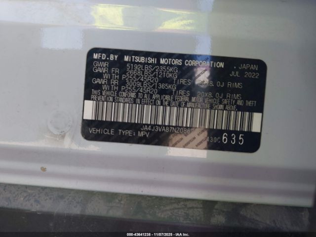 2022 MITSUBISHI OUTLANDER JA4J3VA87NZ086210 Photo 8