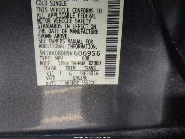 43641243 :رقم المزاد ، 5N1BA08D09N606956 vin ، 2009 Nissan Armada Se مزاد بيع