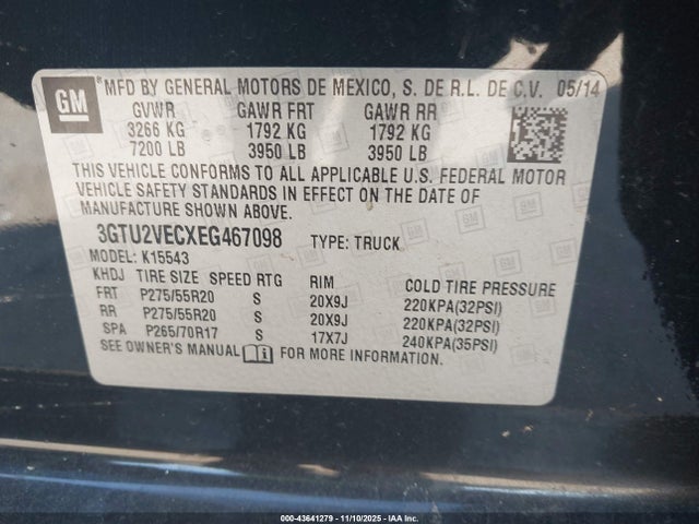 Aukcja sprzedaży 2014 Gmc Sierra 1500 Slt, vin: 3GTU2VECXEG467098, numer aukcji: 43641279