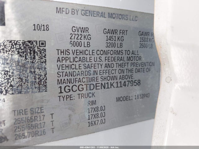 2019 Chevrolet Colorado Z71 მანქანა იყიდება აუქციონზე, vin: 1GCGTDEN1K1147958, აუქციონის ნომერი: 43641283