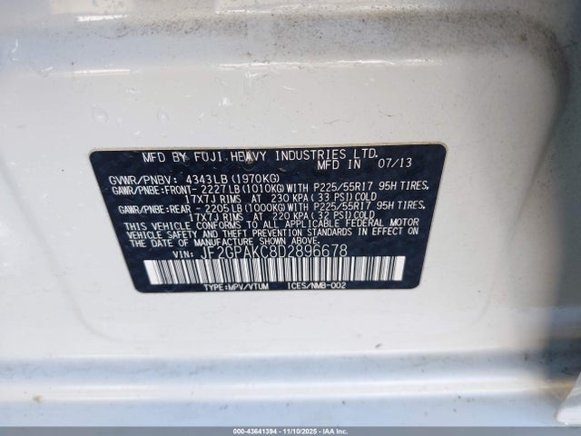 2013 Subaru Xv Crosstrek 2.0i Limited მანქანა იყიდება აუქციონზე, vin: JF2GPAKC8D2896678, აუქციონის ნომერი: 43641394