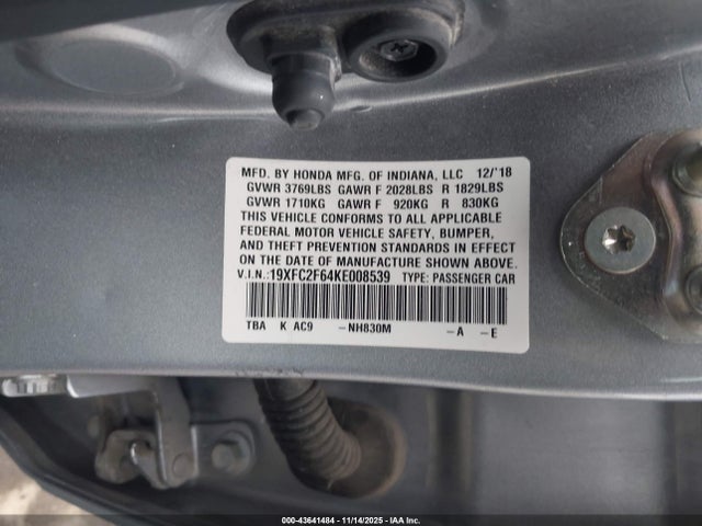Aukcja sprzedaży 2019 Honda Civic Lx, vin: 19XFC2F64KE008539, numer aukcji: 43641484