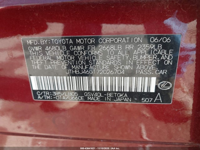 43641621 :رقم المزاد ، JTHBJ46G172026704 vin ، 2007 Lexus Es 350 مزاد بيع