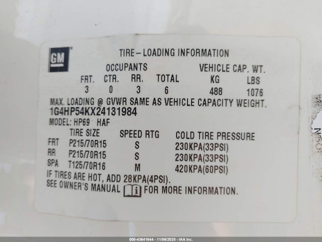 2002 Buick Lesabre Custom მანქანა იყიდება აუქციონზე, vin: 1G4HP54KX24131984, აუქციონის ნომერი: 43641644