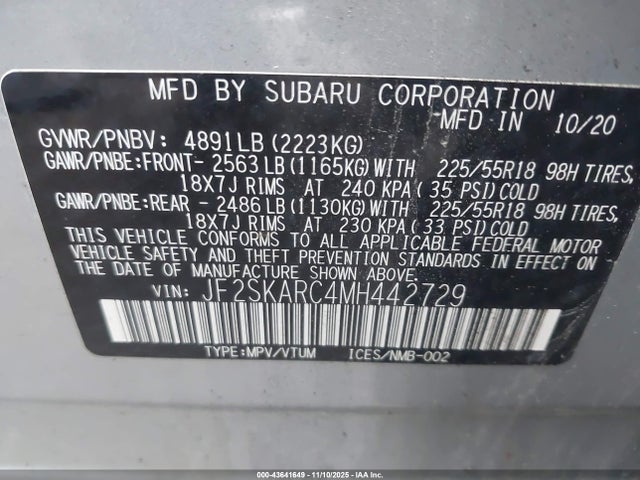 2021 Subaru Forester Sport მანქანა იყიდება აუქციონზე, vin: JF2SKARC4MH442729, აუქციონის ნომერი: 43641649