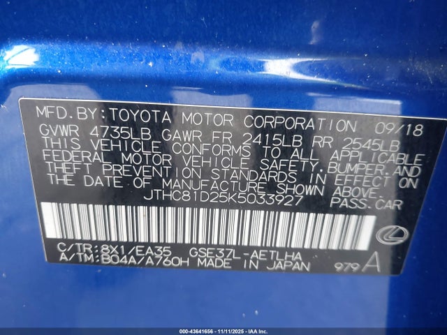 43641656 :رقم المزاد ، JTHC81D25K5033927 vin ، 2019 Lexus Is 300 مزاد بيع
