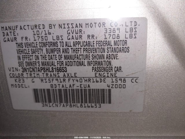 3N1CN7AP8HL816653 Nissan Versa 1.6 S