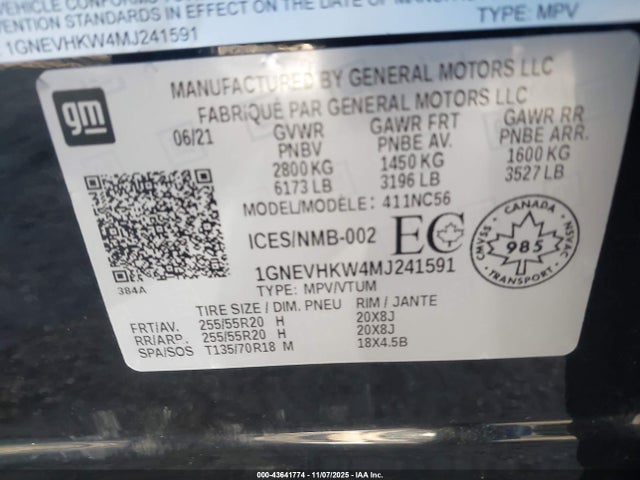 1GNEVHKW4MJ241591 Chevrolet Traverse Awd Lt Leather