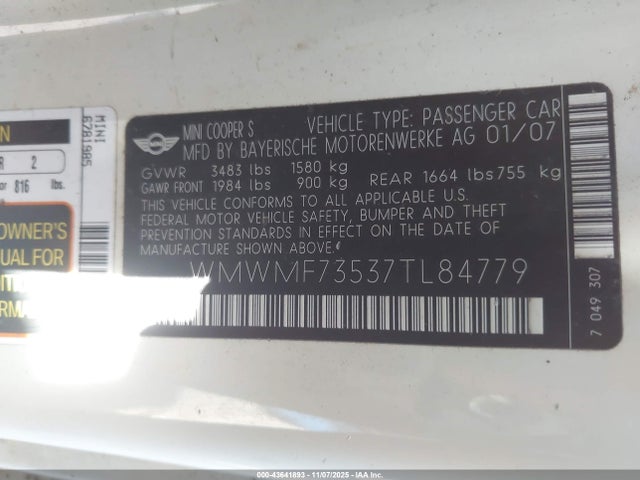 2007 MINI COOPER S WMWMF73537TL84779 Photo 8