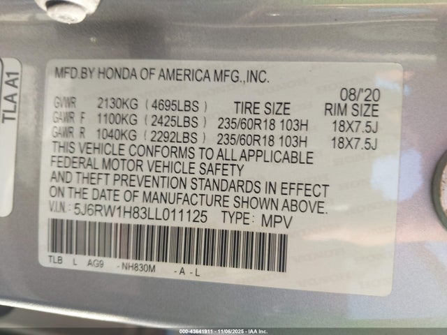 5J6RW1H83LL011125 Honda Cr-v 2wd Ex-l