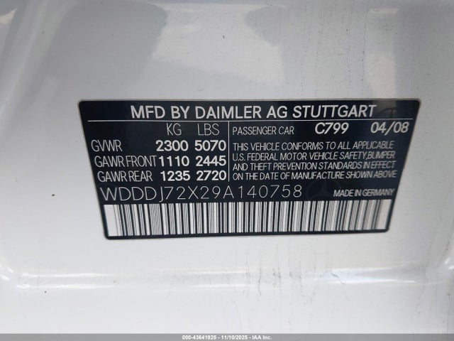 Aukcja sprzedaży 2009 Mercedes-benz Cls 550, vin: WDDDJ72X29A140758, numer aukcji: 43641925