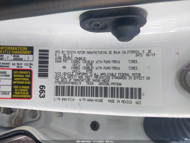 3TMBZ5DN3KM020115 Toyota Tacoma Sr5