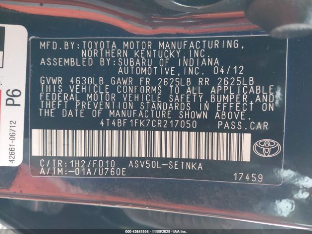 2012 TOYOTA CAMRY 4T4BF1FK7CR217050 Photo 8