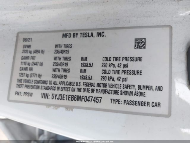 2021 TESLA MODEL 3 5YJ3E1EB6MF047457 Photo 8