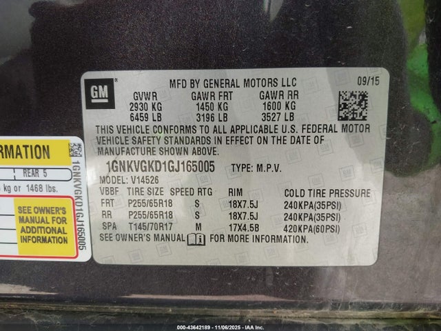 1GNKVGKD1GJ165005 Chevrolet llt - sidi, alum, 60 degrees