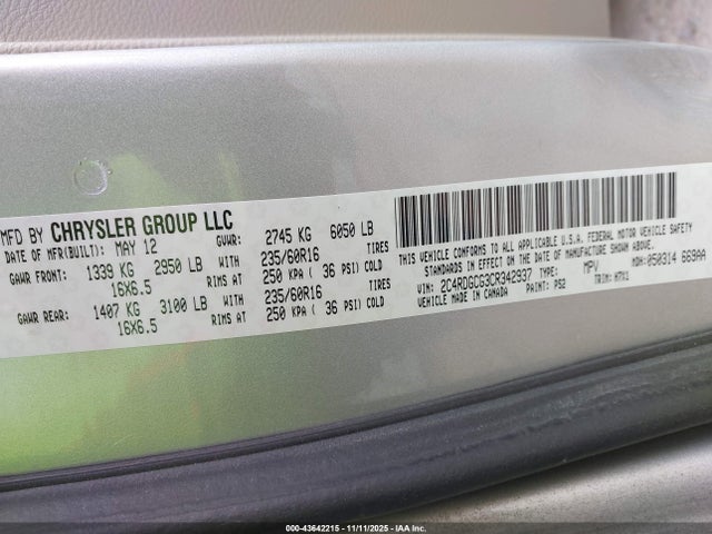 2012 Dodge Grand Caravan Sxt მანქანა იყიდება აუქციონზე, vin: 2C4RDGCG3CR342937, აუქციონის ნომერი: 43642215