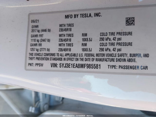 2021 TESLA MODEL 3 5YJ3E1EA8MF985581 Photo 8