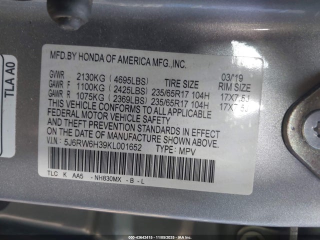 5J6RW6H39KL001652 Honda CR-V LX