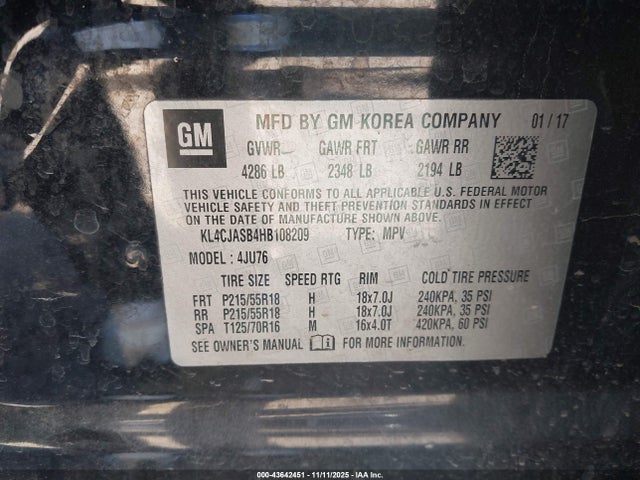 Auction sale of the 2017 Buick Encore Preferred, vin: KL4CJASB4HB108209, lot number: 43642451