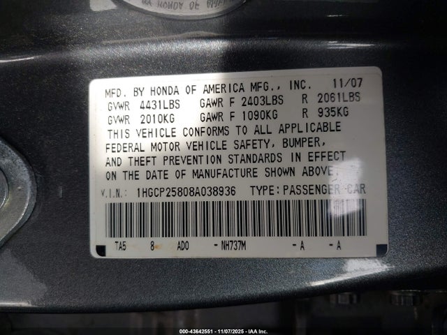 2008 HONDA ACCORD SDN 1HGCP25808A038936 Photo 8