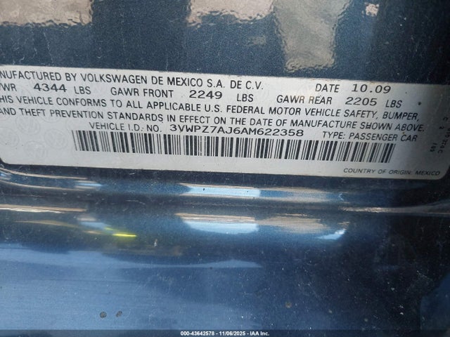 Продажа на аукционе авто 2010 Volkswagen Jetta Se, vin: 3VWPZ7AJ6AM622358, номер лота: 43642578