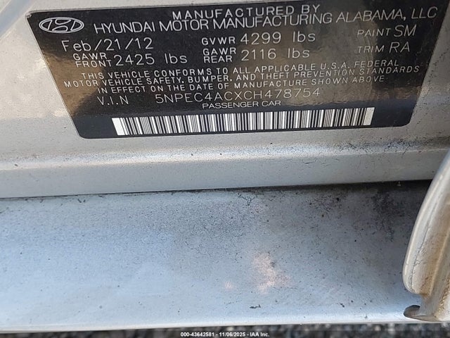 Aukcja sprzedaży 2012 Hyundai Sonata Limited, vin: 5NPEC4ACXCH478754, numer aukcji: 43642581