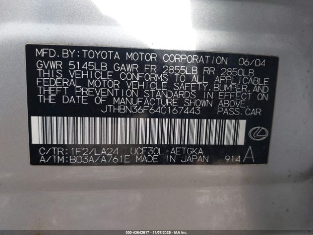 2004 LEXUS LS 430 JTHBN36F640167443 Photo 8