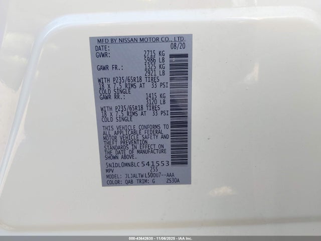5N1DL0MN8LC541553 Infiniti QX60 LUXE