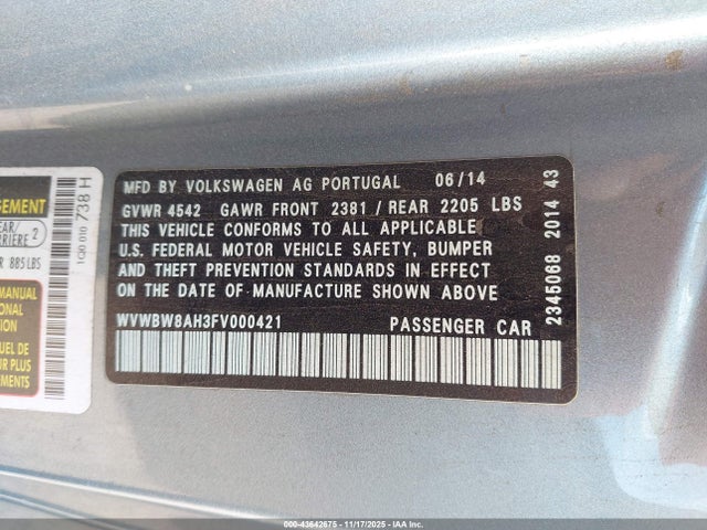 2015 VOLKSWAGEN EOS WVWBW8AH3FV000421 Photo 8