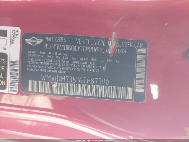 2006 MINI COOPER S WMWRH33516TF87390 Photo 8