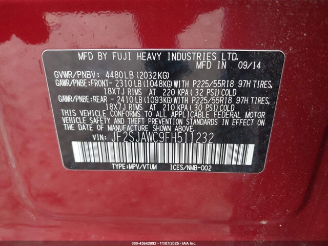 JF2SJAWC9FH511232 Subaru Forester 2.5i Touring