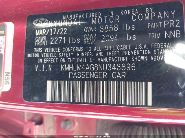 KMHLM4AG8NU343896 Hyundai ELANTRA SEL