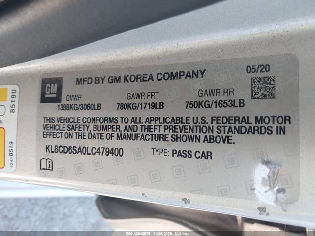 43643078 :رقم المزاد ، KL8CD6SA0LC479400 vin ، 2020 Chevrolet Spark Fwd 1lt Automatic مزاد بيع