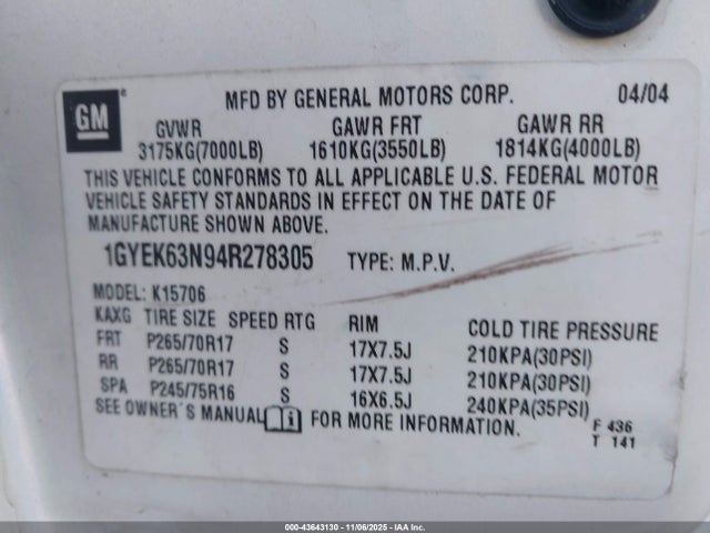 2004 CADILLAC ESCALADE 1GYEK63N94R278305 Photo 8