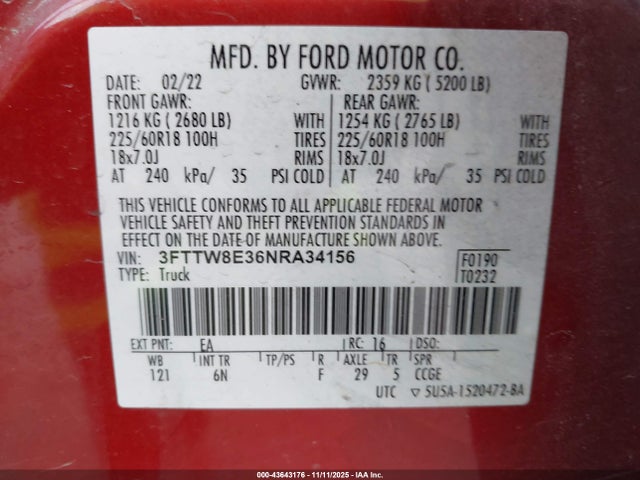 Продажа на аукционе авто 2022 Ford Maverick Lariat, vin: 3FTTW8E36NRA34156, номер лота: 43643176