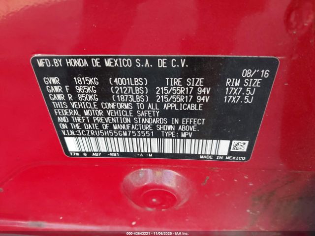 2016 HONDA HR-V 3CZRU5H55GM753551 Photo 8