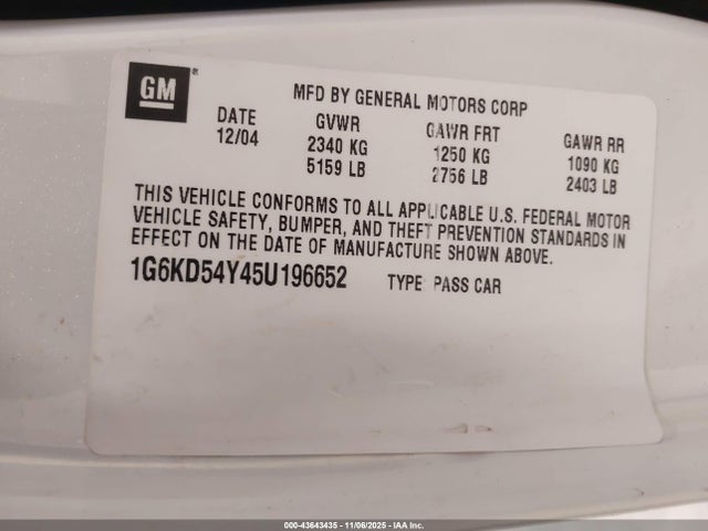 2005 Cadillac Deville Standard მანქანა იყიდება აუქციონზე, vin: 1G6KD54Y45U196652, აუქციონის ნომერი: 43643435
