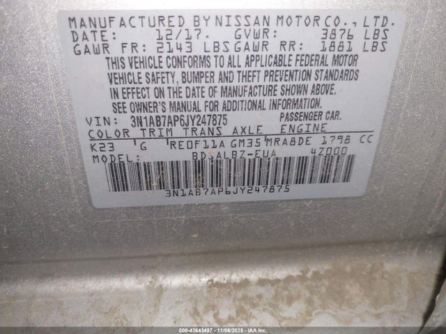 2018 Nissan Sentra S მანქანა იყიდება აუქციონზე, vin: 3N1AB7AP6JY247875, აუქციონის ნომერი: 43643497