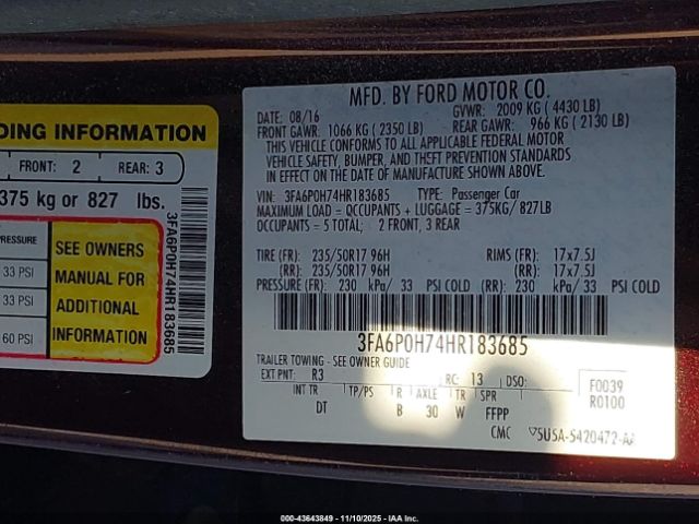 2017 FORD FUSION 3FA6P0H74HR183685 Photo 8