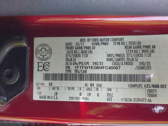1FTFW1EG6HFC40067 Ford F-150 Lariat