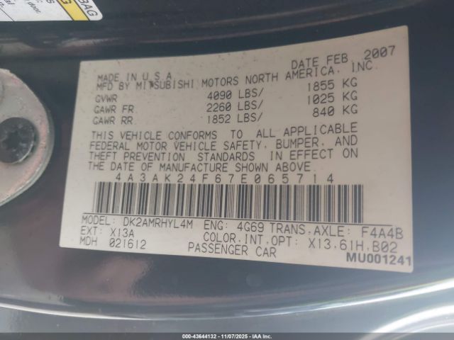 2007 MITSUBISHI ECLIPSE 4A3AK24F67E065714 Photo 8