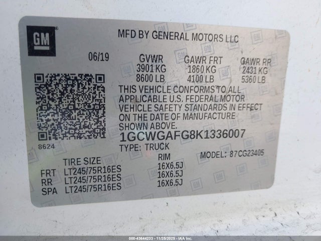 Aukcja sprzedaży 2019 Chevrolet Express 2500 Work Van, vin: 1GCWGAFG8K1336007, numer aukcji: 43644233
