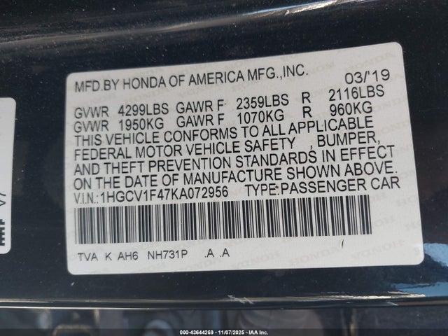 Продажа на аукционе авто 2019 Honda Accord Ex, vin: 1HGCV1F47KA072956, номер лота: 43644269