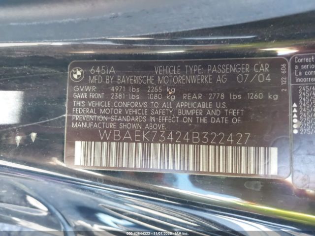 2004 BMW 645CI WBAEK73424B322427 Photo 8