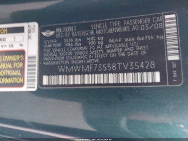 2008 MINI COOPER S WMWMF73558TV35428 Photo 8