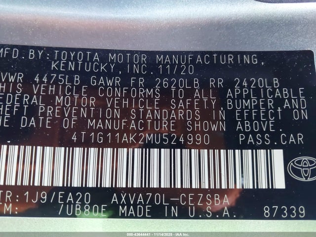 Продажа на аукционе авто 2021 Toyota Camry Se, vin: 4T1G11AK2MU524990, номер лота: 43644441